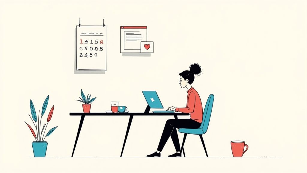 A minimalist illustration of a person working on a laptop at a desk with plants and a calendar.
