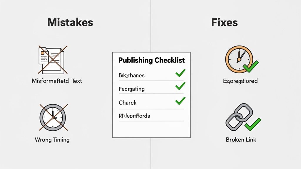 Infographic displaying common publishing mistakes, including misformatted text and wrong timing, alongside a publishing checklist for fixes.