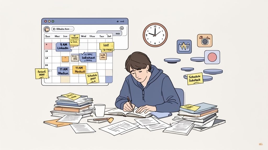 A person writing at a desk cluttered with books and papers, with a digital calendar showing social media schedules.