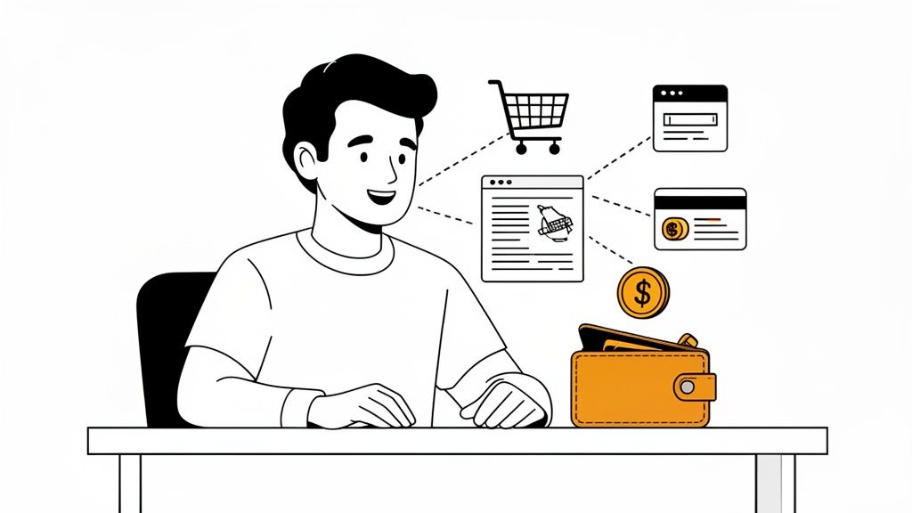 A man smiling at a desk, surrounded by icons for online shopping, digital payments, and a wallet.