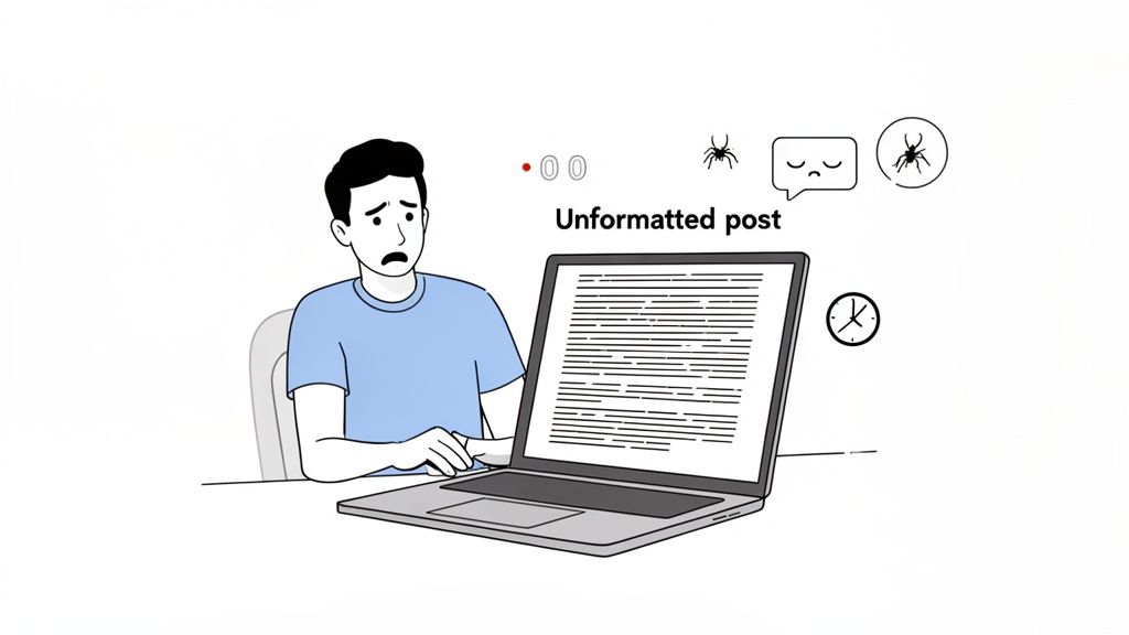 A worried man sits at a laptop with an unformatted post, surrounded by bug icons and a clock.