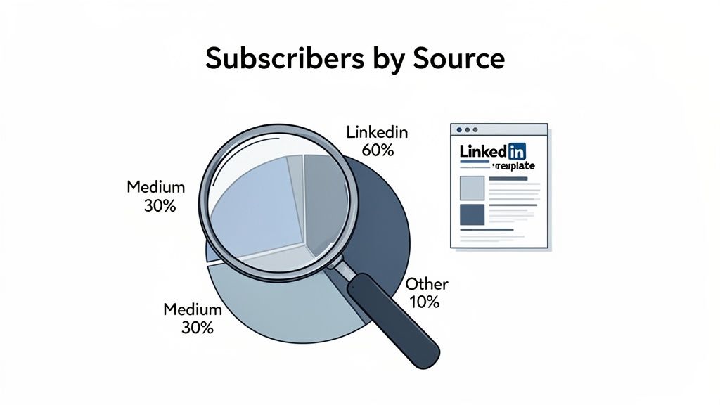 Pie chart showing subscribers by source with LinkedIn 60%, Medium 30%, and Other 10%.