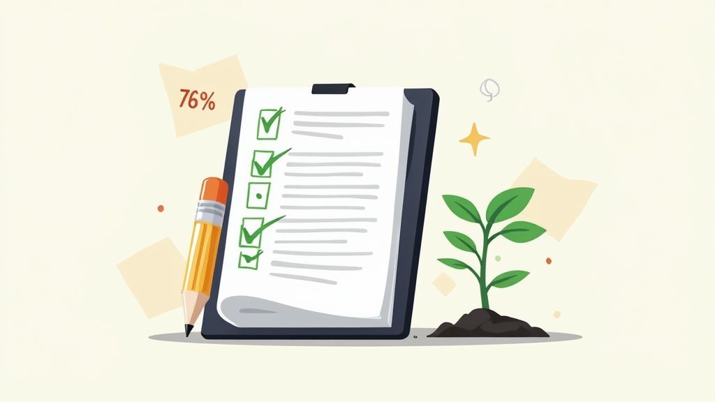 An illustration of a clipboard with a checklist, a pencil, and a growing plant, symbolizing progress and achievement.