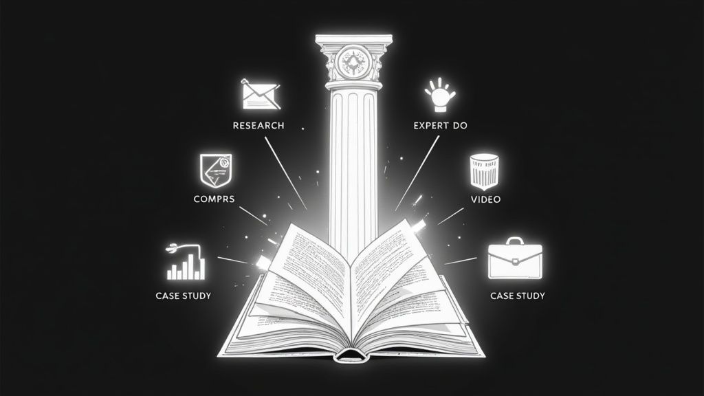 Open book with glowing pillar and icons representing research, video, case studies, and expert content types