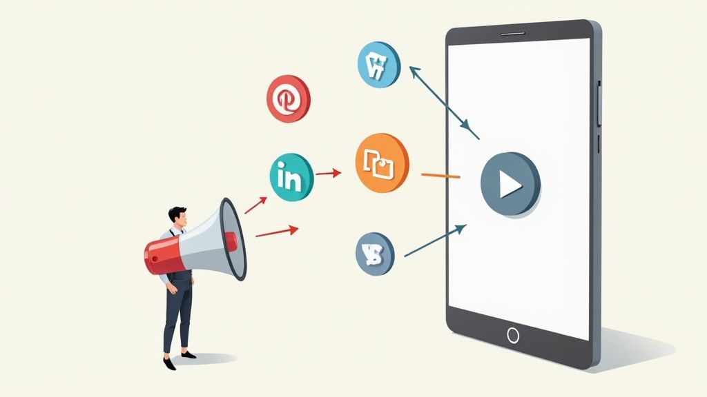 Digital marketing concept showing a person using a megaphone to promote content across social media to a smartphone.