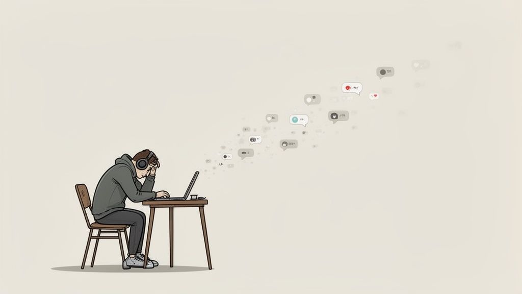A person with headphones at a laptop, looking overwhelmed by numerous social media notifications.