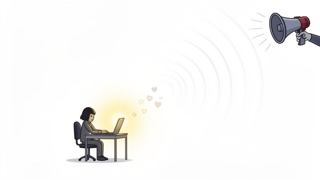 A person focused on a laptop radiating warmth and hearts, ignoring external megaphone noise.