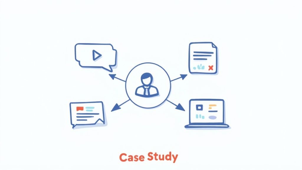 An illustration showing a central person connected to various content formats: video, document, message, and a laptop.