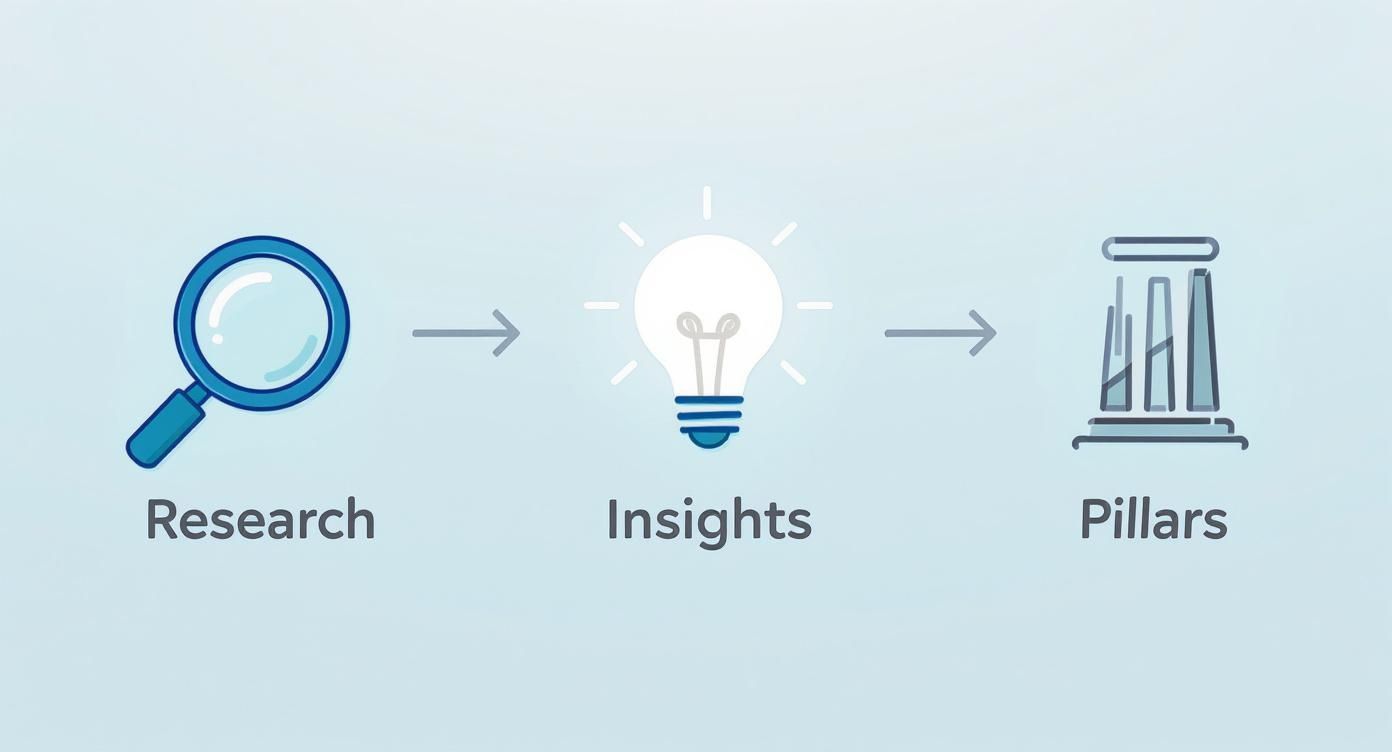 A blue graphic showing a three-step process: Research (magnifying glass), Insights (lightbulb), and Pillars (columns).