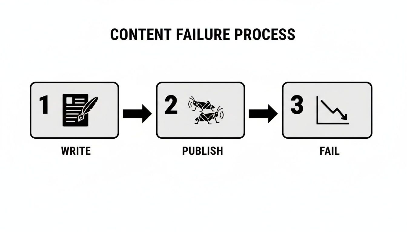 A flowchart showing the 'Content Failure Process': 1. Write, 2. Publish (crickets), 3. Fail (downward trend).