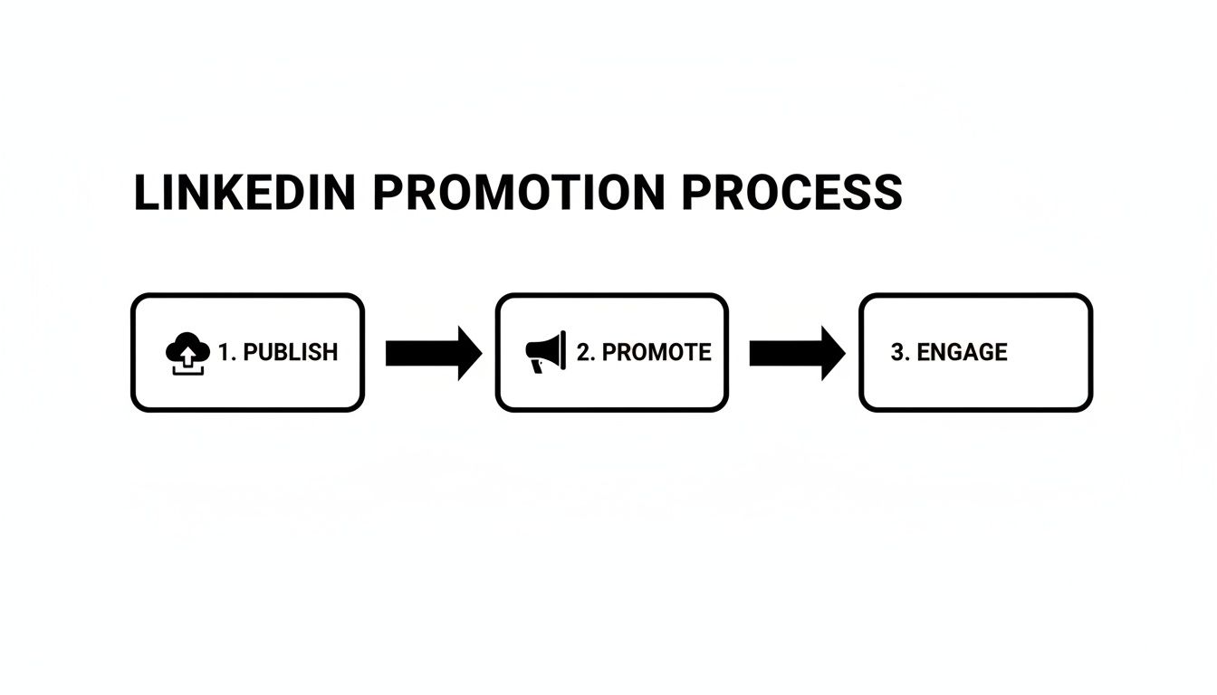 A simple flowchart outlining the LinkedIn Promotion Process: 1. Publish, 2. Promote, and 3. Engage.