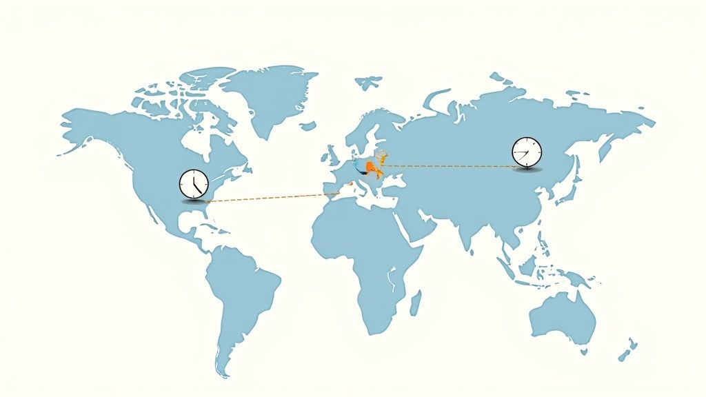 A world map illustrating different time zones with clocks in North America and Asia, connected to Europe.