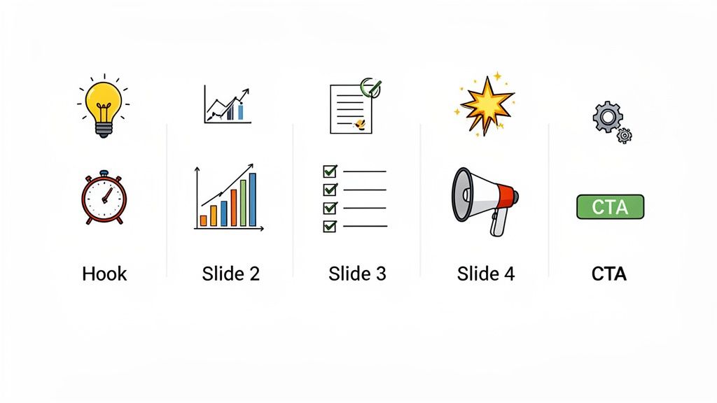 Icons illustrating a presentation or content flow: Hook, Slide 2, Slide 3, Slide 4, and CTA.