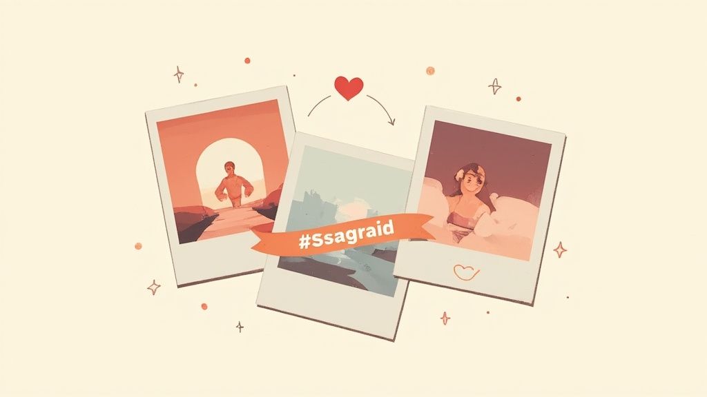 Stylized illustration of three polaroid photos featuring personal moments and landscapes, with a heart and #Ssagraid.