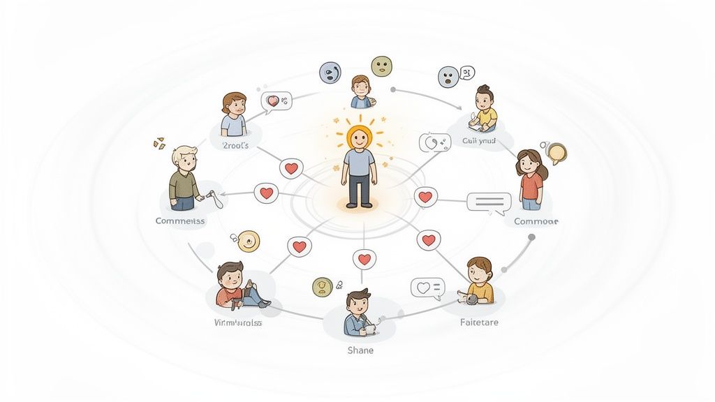 Cartoon showing a central person's idea spreading virally through a network of connected individuals.