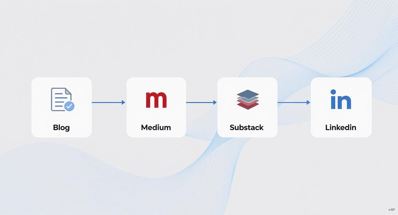 Flowchart showing a content distribution strategy from Blog to Medium, then Substack, and finally LinkedIn.