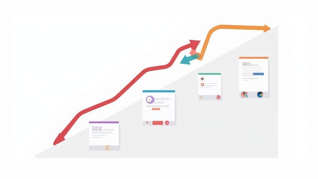 Stylized illustration of a rising red graph with interconnected digital content elements and directional arrows.