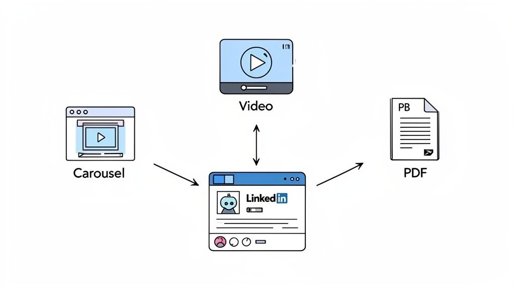 A diagram illustrating how video, carousel, and PDF content can be posted or integrated on LinkedIn.