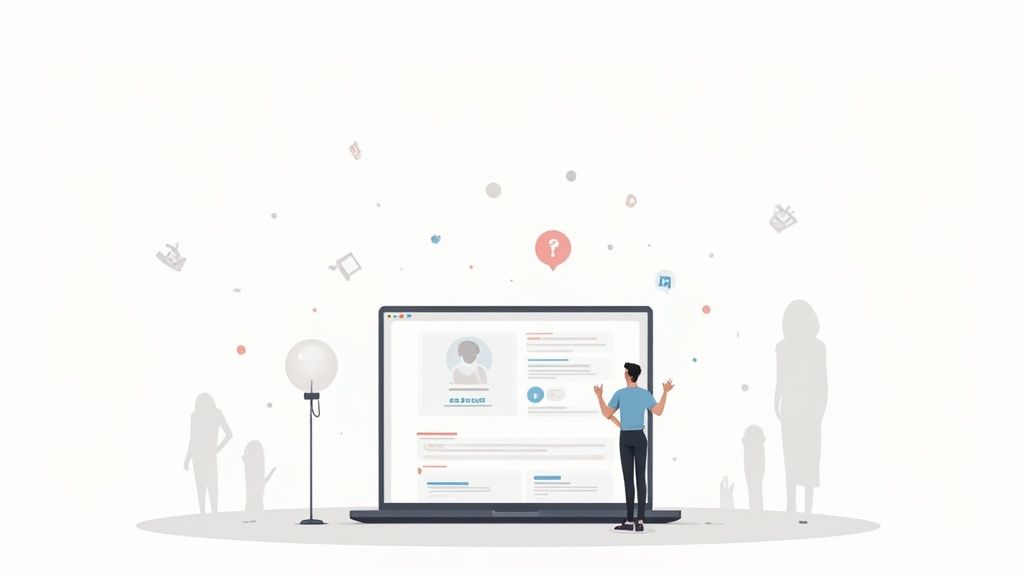 An illustrated man engaging with a laptop displaying a user profile, surrounded by social networking elements.