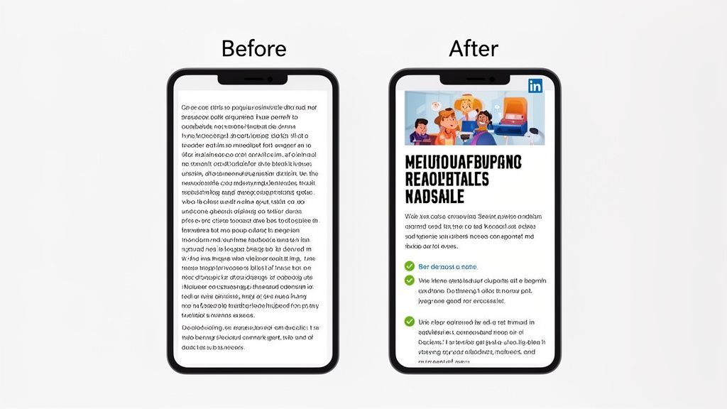 Before and after comparison of a smartphone screen showing unformatted text transformed into a LinkedIn article.