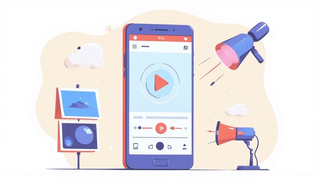 A smartphone displaying a video player, surrounded by megaphones and screens, symbolizing social media content and promotion.