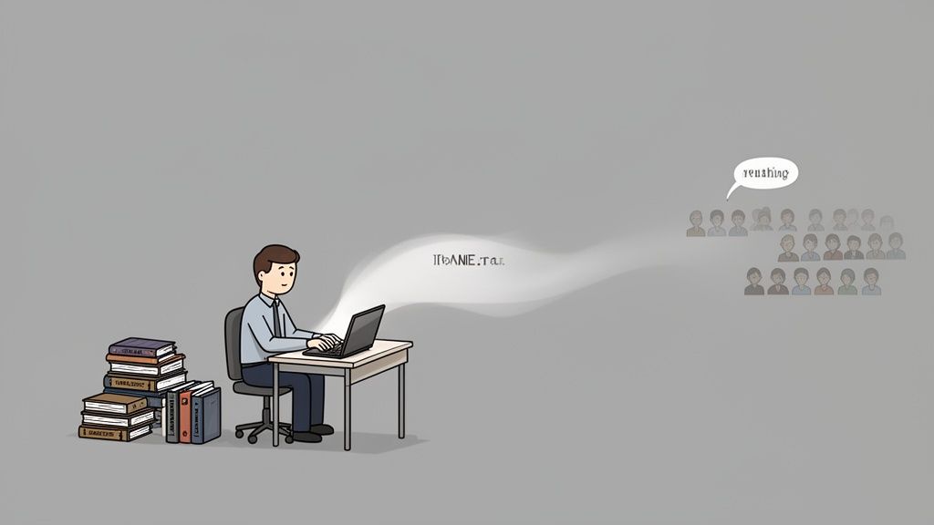 Cartoon man typing on a laptop, transmitting knowledge to an online group of students.