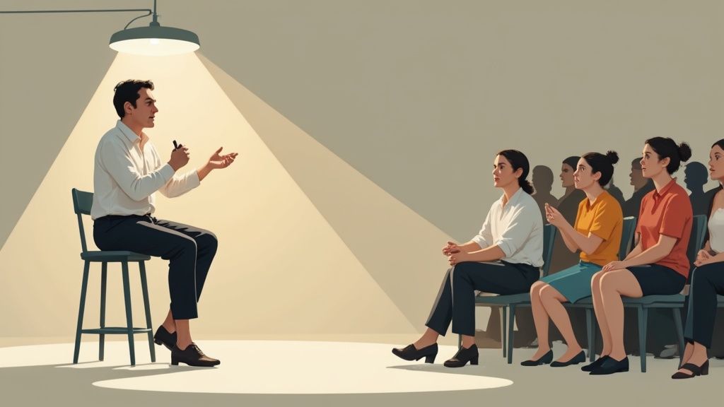 Speaker presenting to engaged audience under spotlight during professional training workshop or seminar