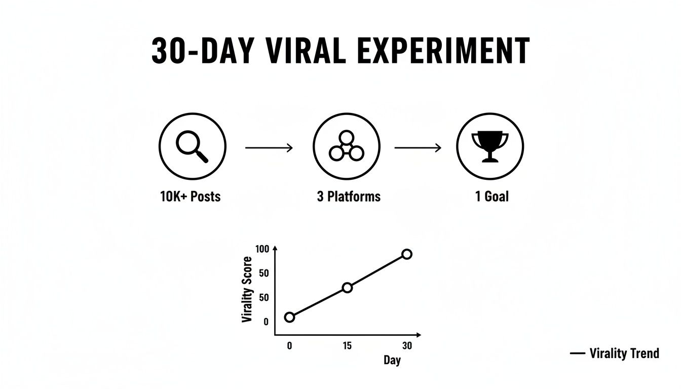 Infographic shows a 30-day viral experiment: 10K+ posts, 3 platforms, 1 goal, and increasing virality trend.