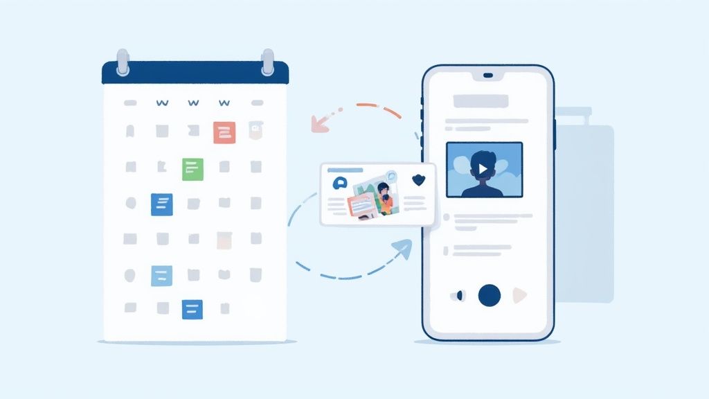 Illustration showing content synchronization between a calendar, a mobile phone, and a small content card.