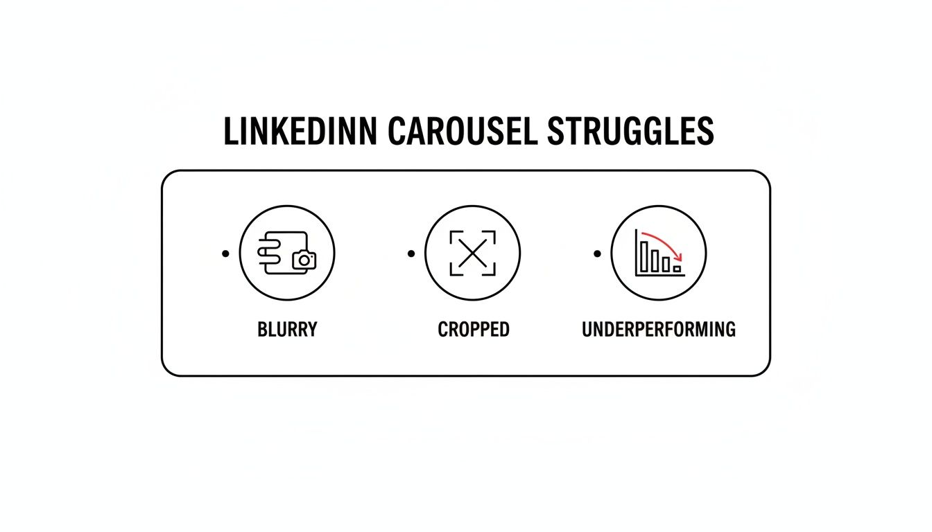 Visual representation of common LinkedIn carousel struggles: blurry, cropped, and underperforming content.