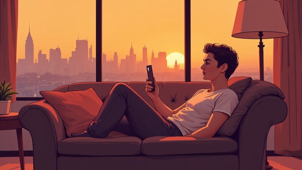 Illustration of a person relaxing on a sofa, looking at a phone, with a city skyline at sunset.