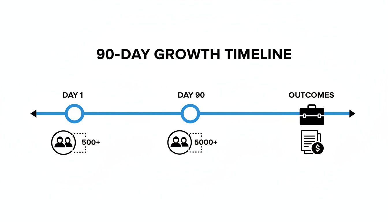A 90-day growth timeline illustrating user acquisition from 500 to 5000 and business outcomes.