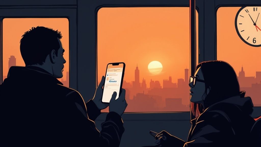 A man and woman observing a vibrant sunset cityscape from a train window, one checking a phone.