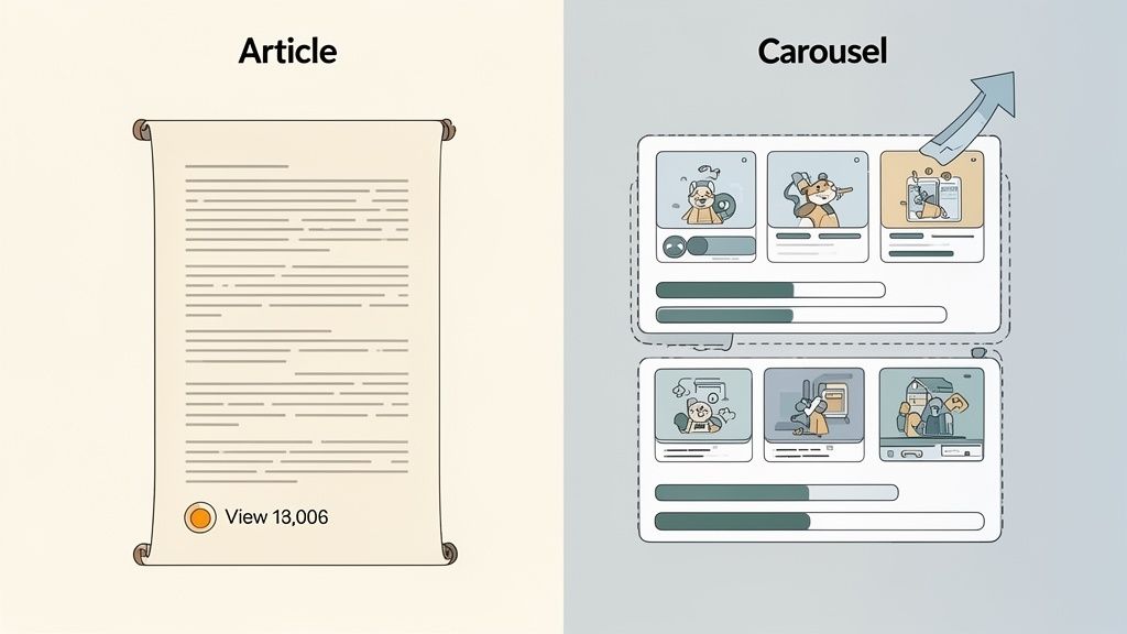 Illustration comparing an article's static views to a carousel's improved engagement and performance.