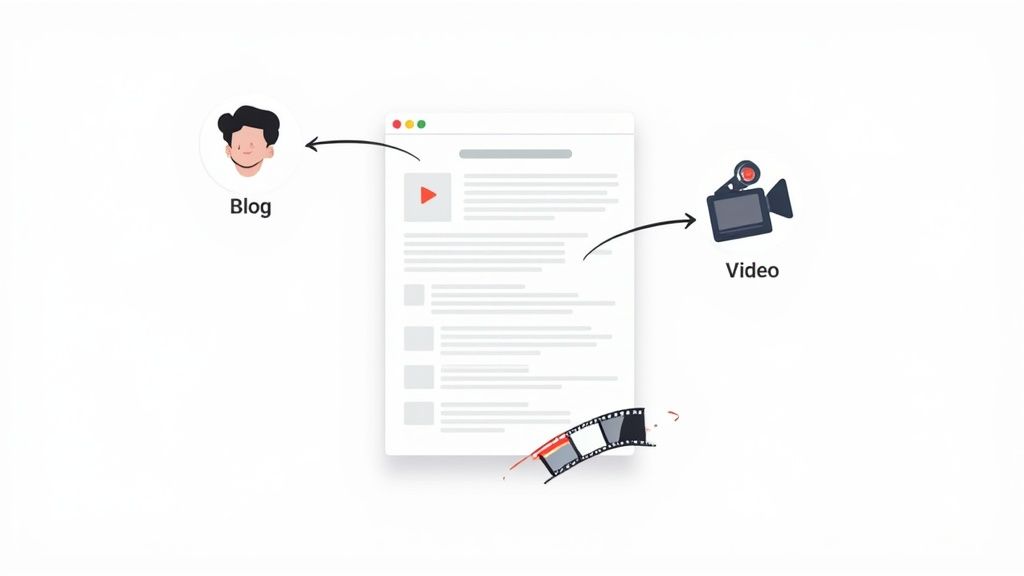 Diagram showing a blog post being repurposed or enhanced with video content, indicated by icons and arrows.