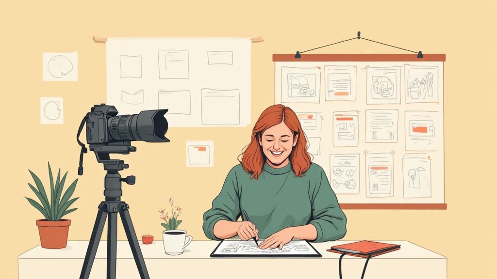 A smiling woman creating content, drawing at a desk with a camera on a tripod.