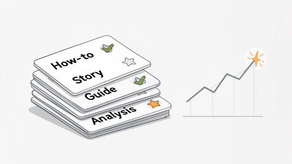 Content strategy depicted with stacked 'How-to', 'Story', 'Guide', 'Analysis' cards and a rising success graph.