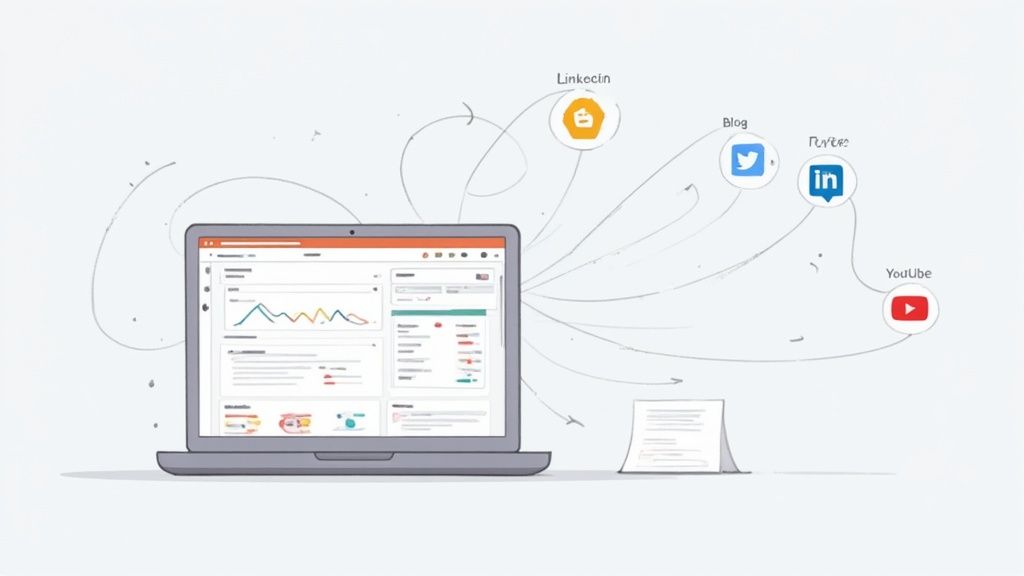 A laptop with a content performance dashboard, integrated with social media and blog platforms.