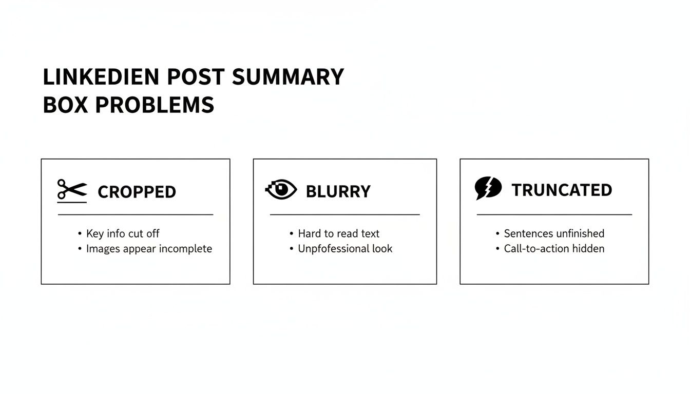 Diagram illustrating common problems with LinkedIn post summary boxes: cropped, blurry, and truncated content.