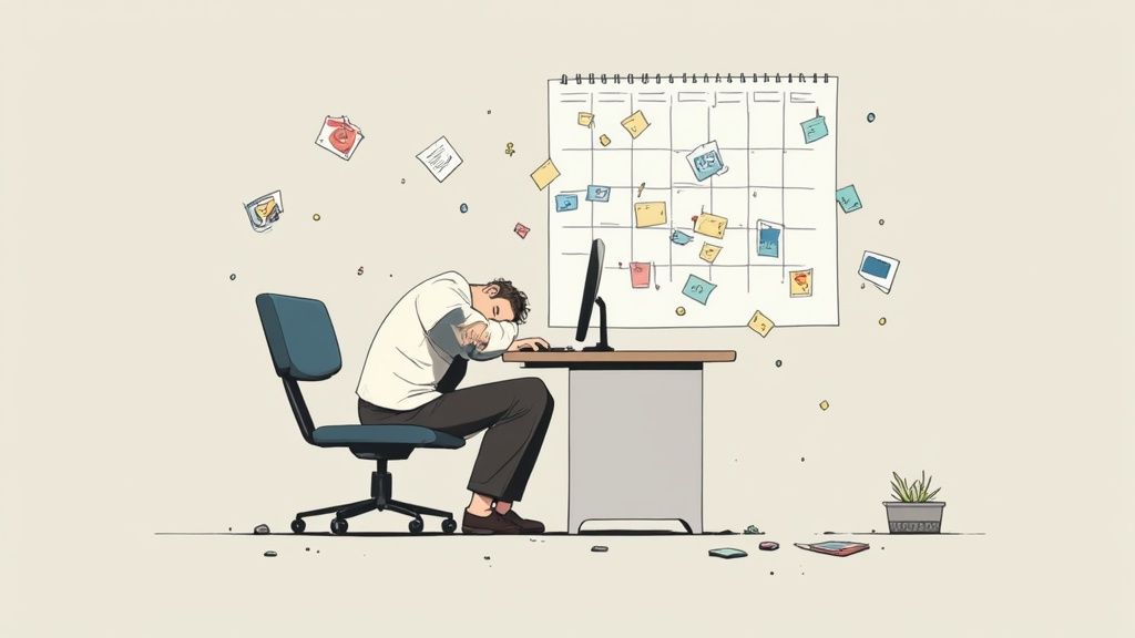 An illustration of an exhausted person sleeping at a desk, surrounded by a messy calendar and scattered papers.