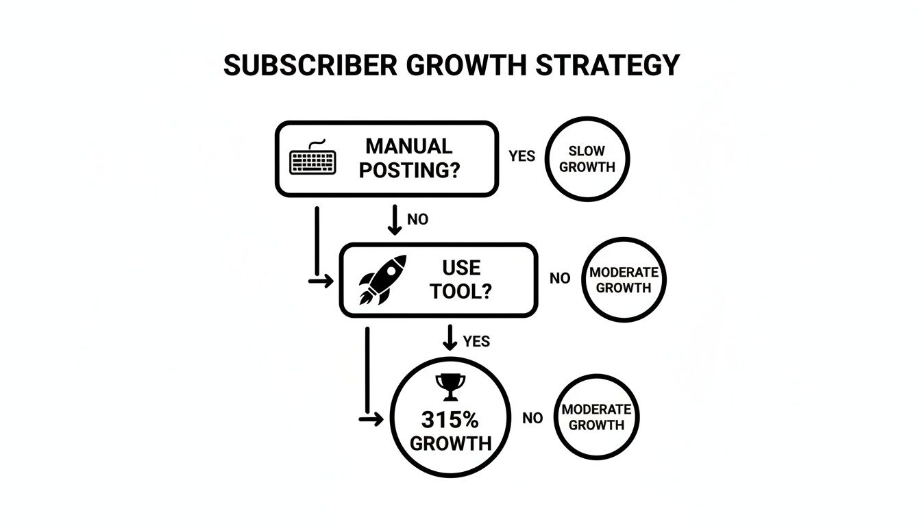 Flowchart illustrating subscriber growth strategy: Manual posting leads to slow growth, while using a tool results in 315% growth.