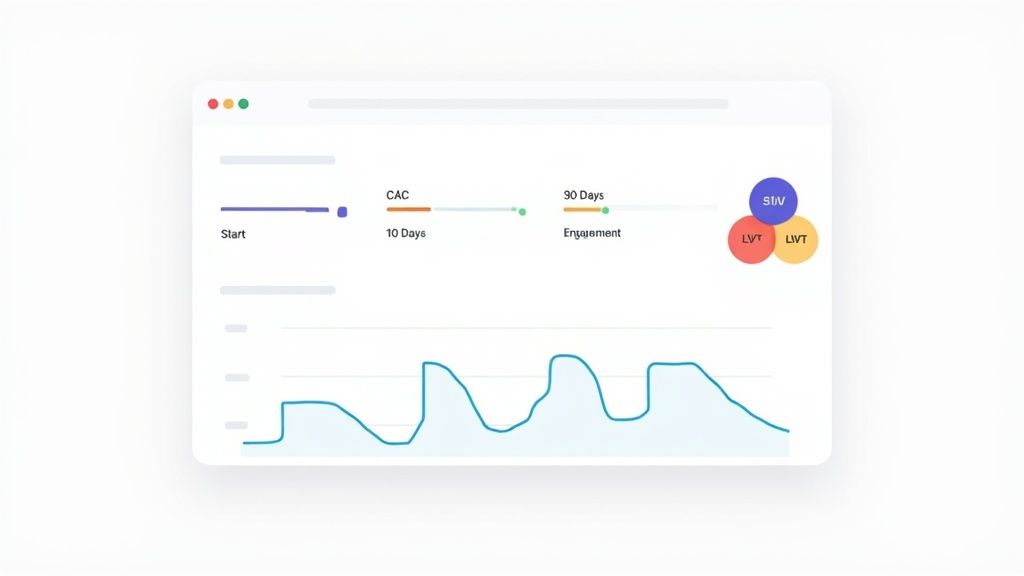 A digital dashboard displaying marketing analytics with a timeline, key metrics, and a line graph.