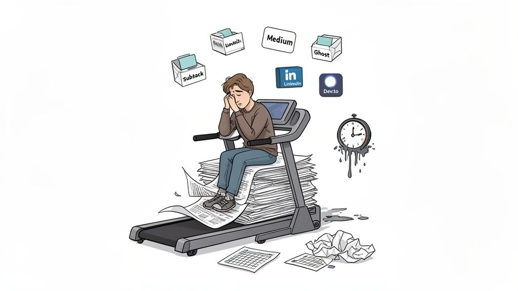A stressed person sits on a treadmill full of papers, surrounded by content distribution platforms and a melting clock.