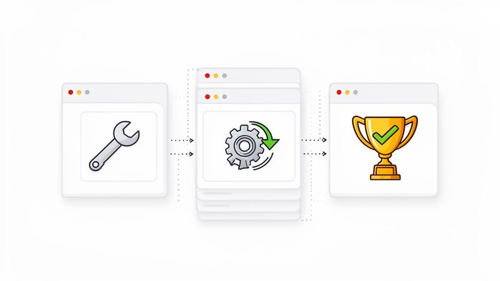 An illustration showing a wrench, a gear with an arrow, and a trophy, representing a process from setup to success.
