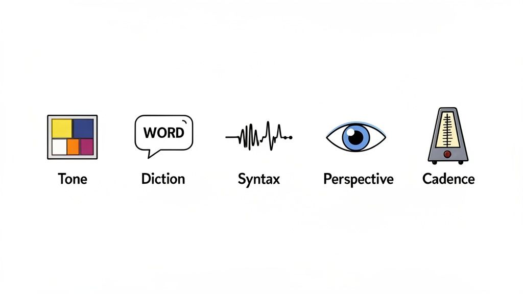 Five icons representing elements of writing: Tone, Diction, Syntax, Perspective, and Cadence.