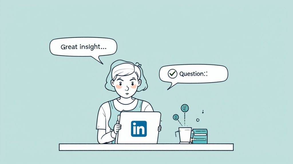 An illustrated woman engages with a LinkedIn on a tablet, showing thought bubbles for insights and questions.