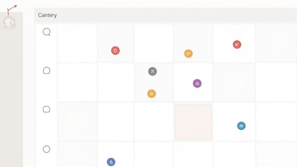 A digital grid interface with colorful circular icons and a highlighted pink square, titled 'Cantery'.