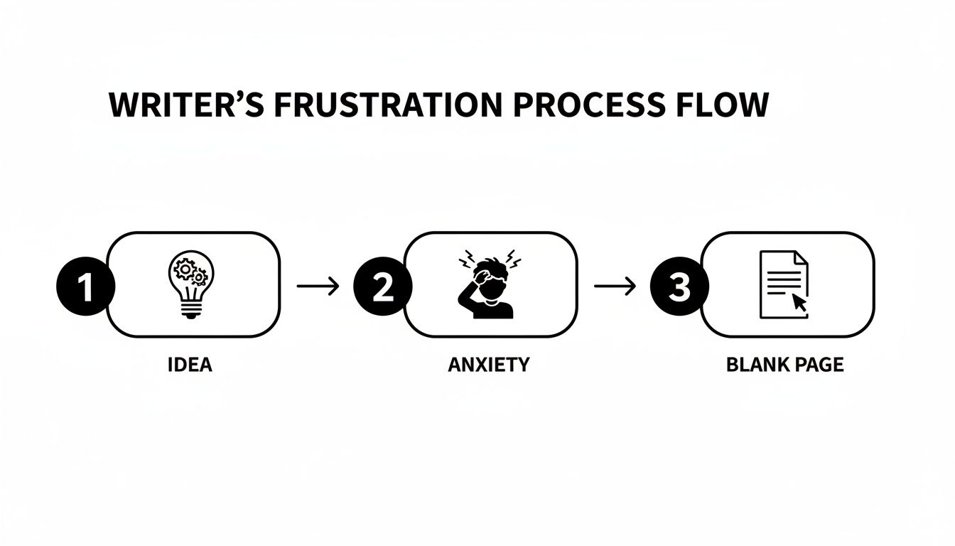 A diagram illustrating a writer's frustration process flow: from idea to anxiety to a blank page.