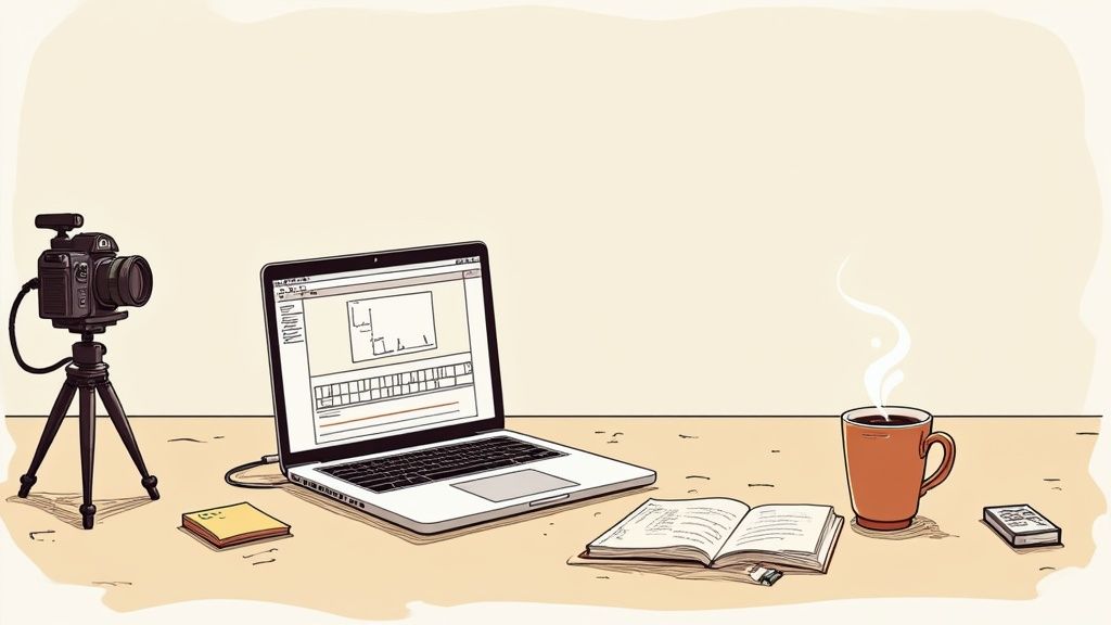 A content creator's desk setup with a camera, laptop, book, coffee, and phone.