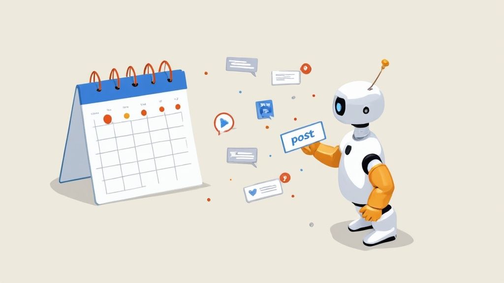 A robot holding a 'post' sign next to a calendar, surrounded by social media icons.